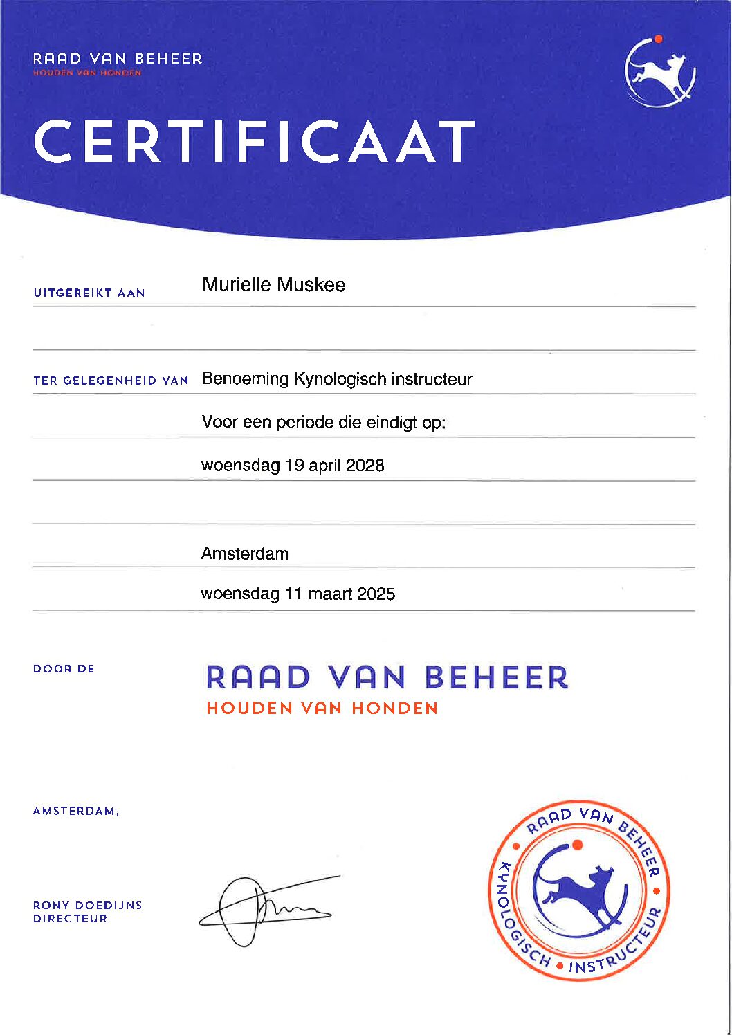 Certficaat benoeming kynologisch instructeur Raad van beheer tm 19 april 2028